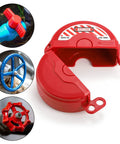 Red Four Pack Gate Valve Lockout Device Kit For 1 To 2.5 Inch And 2.5 To 5 Inch Valve Handles, Outdoor Water Faucet Lockout in use