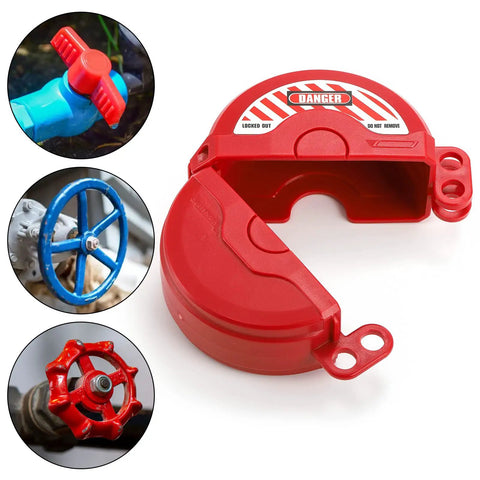 Red Four Pack Gate Valve Lockout Device Kit For 1 To 2.5 Inch And 2.5 To 5 Inch Valve Handles, Outdoor Water Faucet Lockout in use