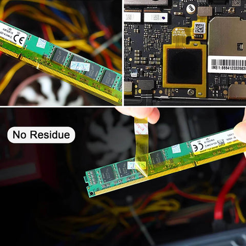 Close-up of heat transfer tape being applied to a circuit board, showing no residue. Ideal for electronics and DIY projects.