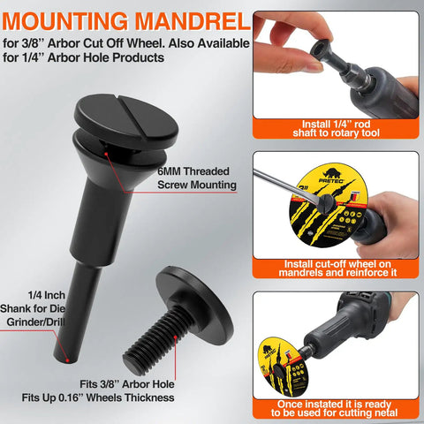 3 Inch Cut Off Wheel Kit With One Quarter Inch Mounting Mandrel And Three Eighths Inch Arbor For Die Grinder Rotary Tool Pro Grade Metal And Stainless Steel Cutting Wheel Set 27 Piece Heavy Duty showing installation details