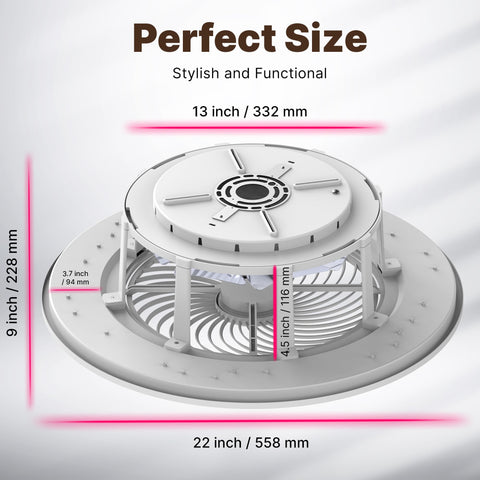Diagram of bladeless ceiling fan dimensions with light and remote control 22 inch low profile modern enclosed indoor fan multi speed