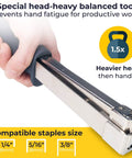 Hand holding Heavy Duty Hammer Tacker Stapler For 3/8 Inch Crown Staples showing head-heavy design for reduced fatigue.