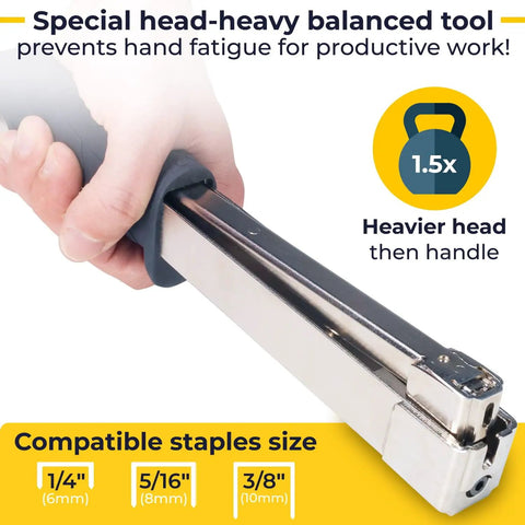 Hand holding Heavy Duty Hammer Tacker Stapler For 3/8 Inch Crown Staples showing head-heavy design for reduced fatigue.