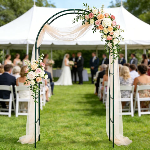 Beefy Thickened Metal Garden Arch With Detachable Base 16mm Rust Resistant Tubing used as wedding backdrop with flowers