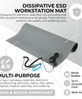 Anti Static ESD Mat Kit With Wrist Strap And Ground Cord For Electronics Workstations Grey 18 Inches By 47 Inches Zero Point Twelve Inch Thick ESD Safe Mat With Ground Lead shown rolled out with components.