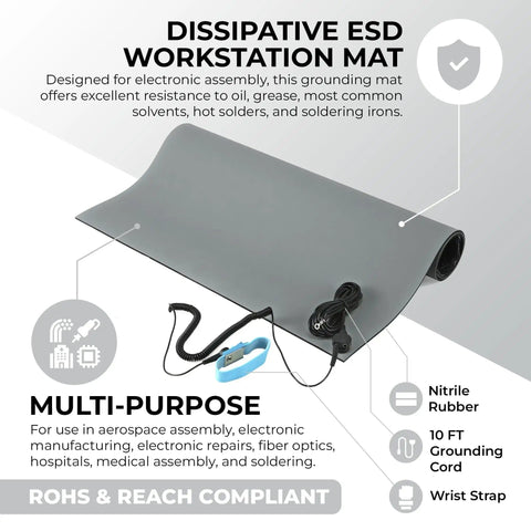 Anti Static ESD Mat Kit With Wrist Strap And Ground Cord For Electronics Workstations Grey 18 Inches By 47 Inches Zero Point Twelve Inch Thick ESD Safe Mat With Ground Lead shown rolled out with components.