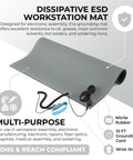 Pro Grade ESD Mat Kit With Wrist Strap And Grounding Cord For Safe Electronics Workbench 18 By 30 Inches 0.07 Inch Thick Gray Nitrile Rubber Surface Includes 10 Foot Ground Cord Durable Anti Static Shield, shown with wrist strap