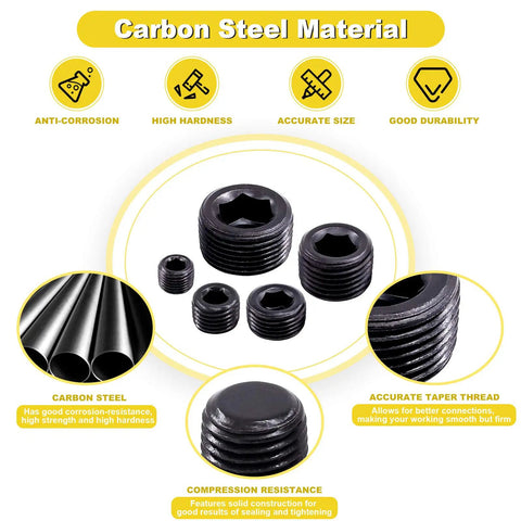 NPT Pipe Plug Set Pro Grade 25 Pieces, Carbon Steel Male Thread Plugs, Internal Allen Head, highlighted material properties