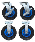 Heavy Duty Swivel And Fixed Plate Caster Set With Smooth Roll Pneumatic Rubber Wheels For Toolboxes And Utility Carts featuring blue wheels.