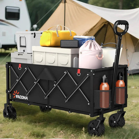 Extra Long 35 Inch Folding Wagon With Wheels, Heavy Duty Collapsible Utility Cart That Hauls 360 Pound Capacity, loaded with camping gear