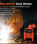 MMA-200YID dual voltage 110V 220V welder with synergic control, LED display, and safety features, used in shop setting.