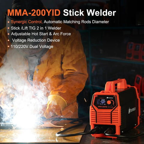 MMA-200YID dual voltage 110V 220V welder with synergic control, LED display, and safety features, used in shop setting.