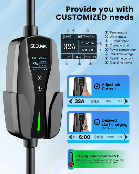 Level 2 EV Charger With NEMA 14-50 Plug 32A 25Ft Cable Portable 208V 240V EVSE For Home Use UL Listed Adjustable Current display