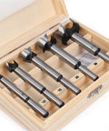 Professional Five Piece Self Centering Hole Saw And Forstner Drill Bit Set For Hardwood Plywood And Plastics in wooden case.