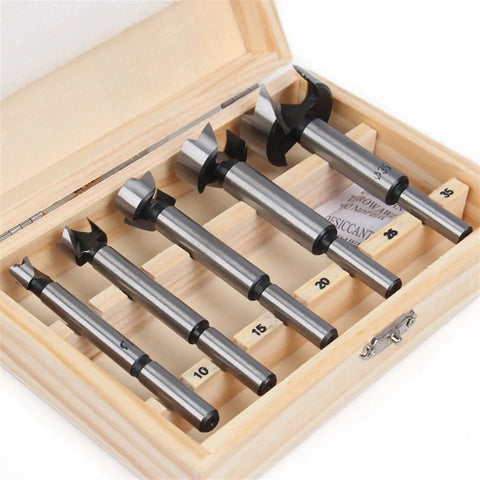 Professional Five Piece Self Centering Hole Saw And Forstner Drill Bit Set For Hardwood Plywood And Plastics in wooden case.