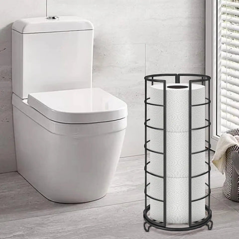 Free Standing Toilet Paper Organizer Stand With Three Roll Capacity Rustproof Metal Bathroom Accessory Matte Black Roll Holder