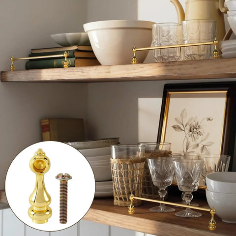 Heavy Duty Kirsite Shelf Brackets For Home Decor displaying gold kirsite design on wooden shelf with glasses and books