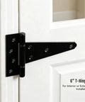 6 Inch T Strap Gate Hinges 2 Pack Black Powder Coated Steel Tee Hinge Hardware Rust Resistant Heavy Duty Outdoor Fence And Barn Door Hardware Built Like A Tank With Super Silky 270 Degree Swivel And Included Fasteners mounted on white door.