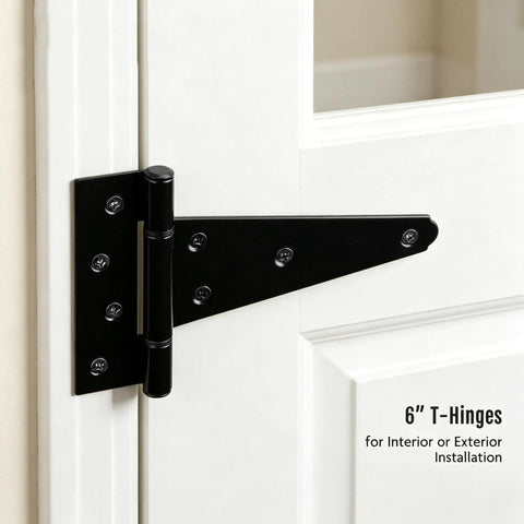 6 Inch T Strap Gate Hinges 2 Pack Black Powder Coated Steel Tee Hinge Hardware Rust Resistant Heavy Duty Outdoor Fence And Barn Door Hardware Built Like A Tank With Super Silky 270 Degree Swivel And Included Fasteners mounted on white door.