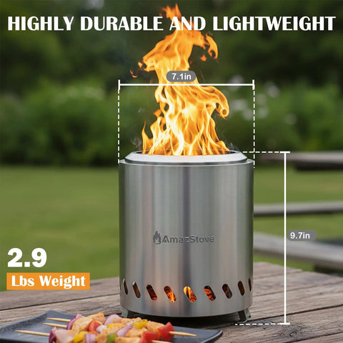 Tabletop Fire Pit For Outdoors Low Smoke Camping Stove For Safe Burning Pellets Or Wood 9.7 By 7.1 Inch With Travel Bag Included Silver Finish