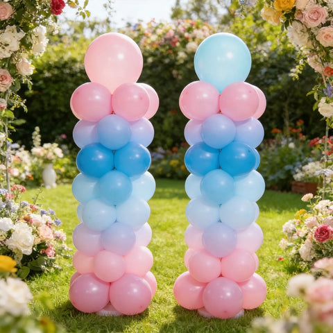 LANGXUN 12ft balloon arch kit: two pastel pink and blue balloon column towers for outdoor party decor