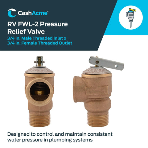 Front and side views of Cash Acme RV FWL-2 bronze pressure relief valve, 3/4 in male inlet and 3/4 in female outlet