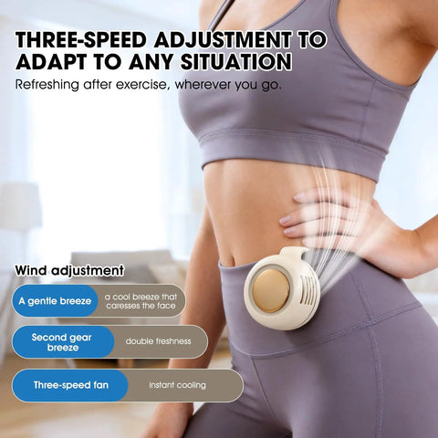 Woman wearing Portable Bladeless Clip On Fan For Waist Or Shirt Hands Free Personal Neck Wearable Cooling Fan