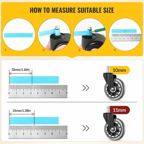 How to measure wheel stem size for Dual Rubber Office Chair Wheels Two Inch Set Of Five Heavy Duty Casters Support Up To 2200 Pounds Quiet Rolling For Hardwood Floors And Carpets Universal Fit Seven Sixteenths By Seven Eighths Inch Black