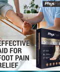 Box of PhysFlex compression foot sleeve, person holding foot, text "Effective Aid for Foot Pain Relief"