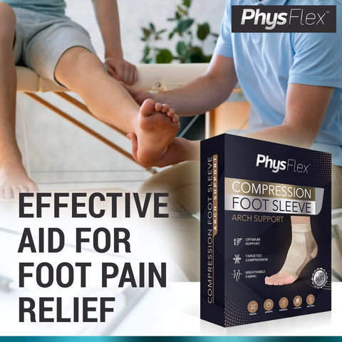 Box of PhysFlex compression foot sleeve, person holding foot, text "Effective Aid for Foot Pain Relief"