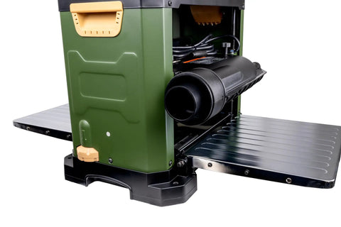 Absolute Knockout 13 Inch Benchtop Planer packing a spiral cutterhead and black exhaust port, ideal for precise woodworking.