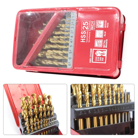 Pro HSS Twist Drill Bit Kit For Steel And Wood Jobs, Bombproof High Speed Steel Set Fits All Hand Drills Plus Screwdrivers With Storage Box And Max Ten MM Shank Capability, 25-piece gold bits in red case