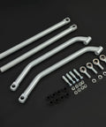 Radius Rods Bar Upgrade For Polaris RZR 1000 XP 4 EPS UTV High Lifter Radius Arm Kit With Heavy Duty Rods, Fits 2014-2017 Models, Improves Steering, Stability, And Off Road Performance. Silver steel radius rods, bolts, nuts, and bushings laid out.