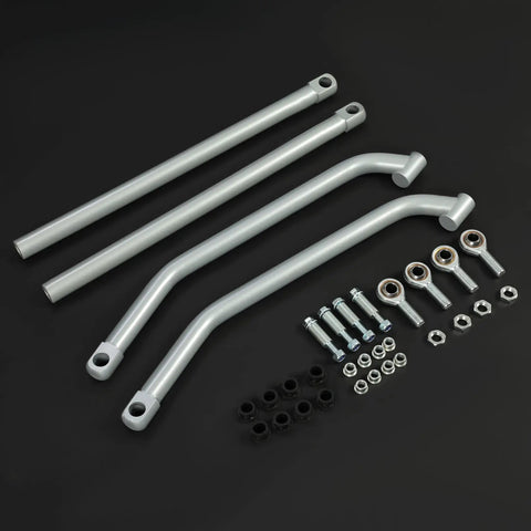 Radius Rods Bar Upgrade For Polaris RZR 1000 XP 4 EPS UTV High Lifter Radius Arm Kit With Heavy Duty Rods, Fits 2014-2017 Models, Improves Steering, Stability, And Off Road Performance. Silver steel radius rods, bolts, nuts, and bushings laid out.