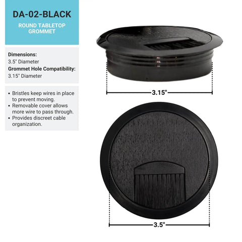 Round Black Plastic Desk Grommet With Brush Opening And Removable Lid Fits 3 15 Inch Cutouts for cable management