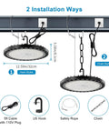 LED High Bay Light 300W Two Pack 5000K UFO LED High Bay Lamps 30000 Lumens With US Plug And 5ft Cable IP65 Waterproof Lighting installation options.