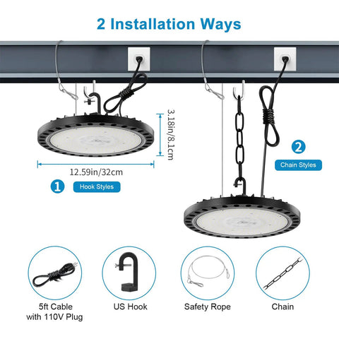 LED High Bay Light 300W Two Pack 5000K UFO LED High Bay Lamps 30000 Lumens With US Plug And 5ft Cable IP65 Waterproof Lighting installation options.