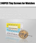 Top Notch Hassle Free 240 Piece Mini Screw Kit For Watch Repair And Electronics Featuring Secure Movement Adapters Tight Fit Micro Assortment in transparent organizer with watch movement parts.