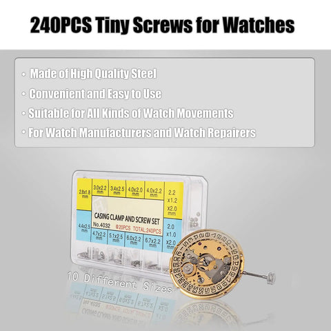 Top Notch Hassle Free 240 Piece Mini Screw Kit For Watch Repair And Electronics Featuring Secure Movement Adapters Tight Fit Micro Assortment in transparent organizer with watch movement parts.