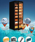 Beefy 380L Electric Cigar Humidor With Precise Temperature And Humidity Control Cedar Wood Shelves Displayed on World Map