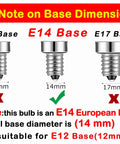 Diagram of bulb base dimensions showing E14 European base for LED Filament E14 Candle Light Bulb 2700K Warm White.