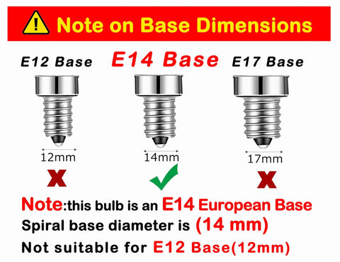 Diagram of bulb base dimensions showing E14 European base for LED Filament E14 Candle Light Bulb 2700K Warm White.