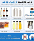 Variety of round bottles displayed for semi automatic desktop label applicator including wine, cosmetic, jam, and juice bottles.