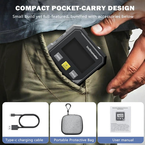 Pocket Sized Handy Digital Angle Finder With Red Laser Line, Rechargeable Laser Level, Four Side Magnetic Gauge, Backlit Cube Protractor For Woodworking, DIY Projects, Home Decor And Hanging Decorations, pocket-size inclinometer in jeans pocket