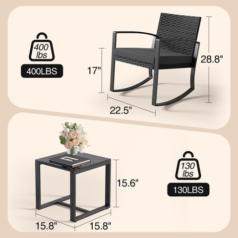 Dimensions and weight capacity of single chair and table from Three Piece Patio Rocking Bistro Set With Coffee Table For Garden Balcony