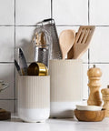 Two Piece Ceramic Utensil Holder Set for Kitchen Counter with Fluted Warm White Glaze Large 7.3 Inch and Small 5.4 Inch Crocks