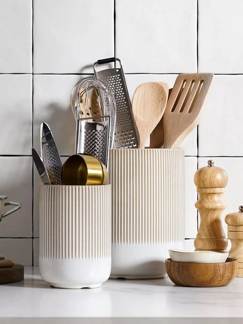 Two Piece Ceramic Utensil Holder Set for Kitchen Counter with Fluted Warm White Glaze Large 7.3 Inch and Small 5.4 Inch Crocks