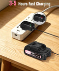 Brushless 20V Cordless Drill Driver Kit With 2.0Ah Battery And Charger on wooden table showing fast charging