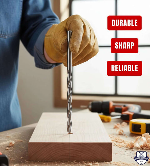 12-inch metal brad-point drill bit held by a gloved hand over a wooden workpiece; Baker and Bolt logo visible.