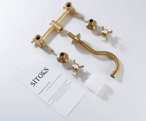 Antique Style Wall Mount Bathroom Faucet With Two Handles, Gold Brushed Finish, Includes Rough In Valve, Solid Brass Construction